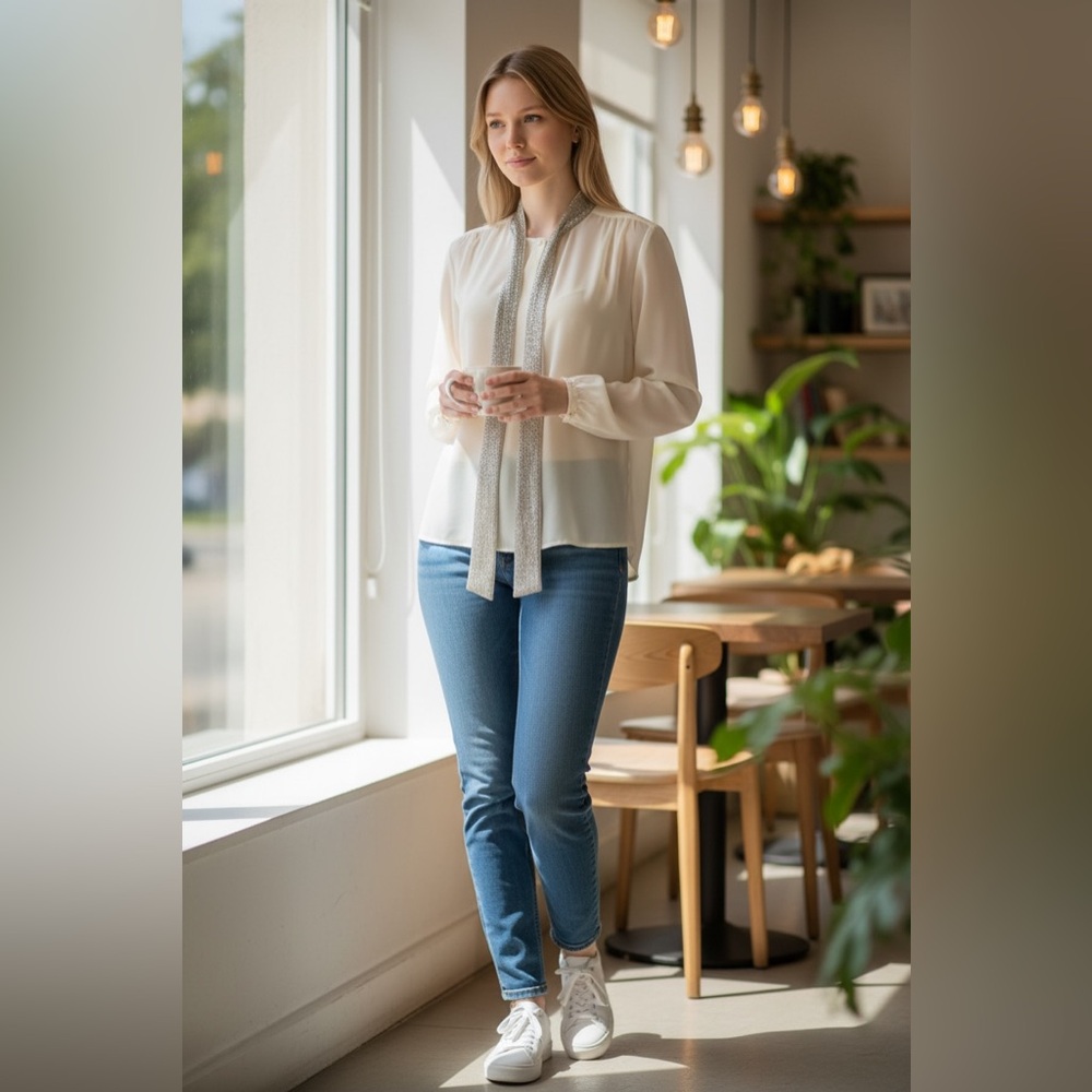 Stylish Cream Top with Silver Collar